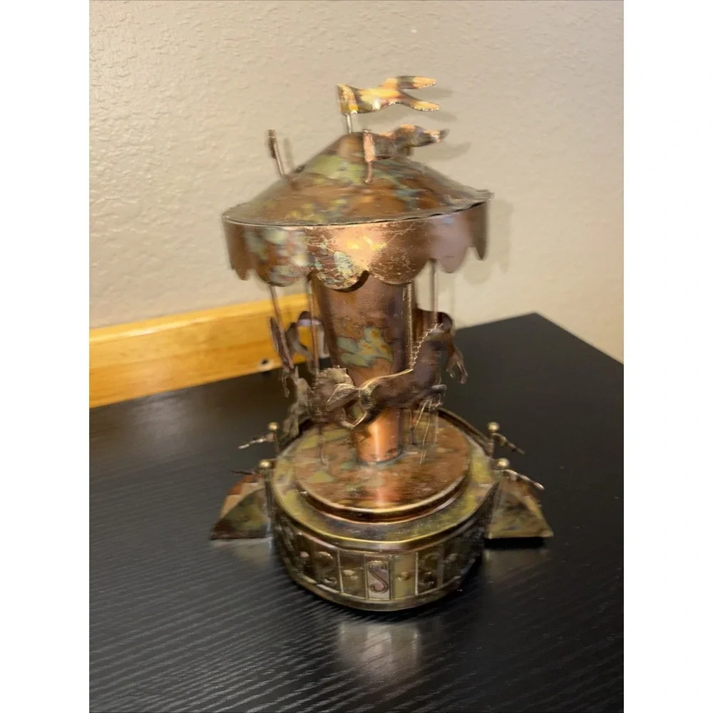 Vintage Copper Wind-Up Musical Carousel Horses 1960s MCM Works